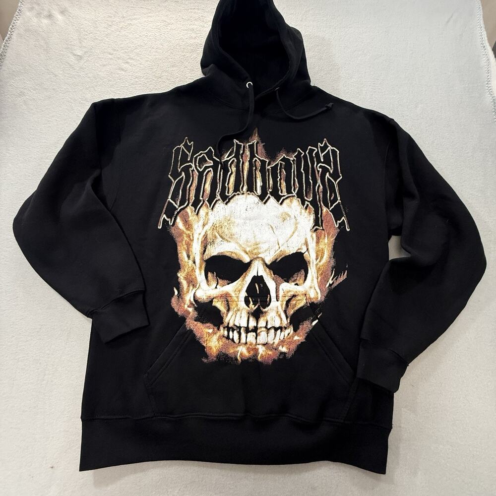 Sad Boyz Skull Hoodie Mens Large Black Pullover Hoodie Sweatshirt Black Flames